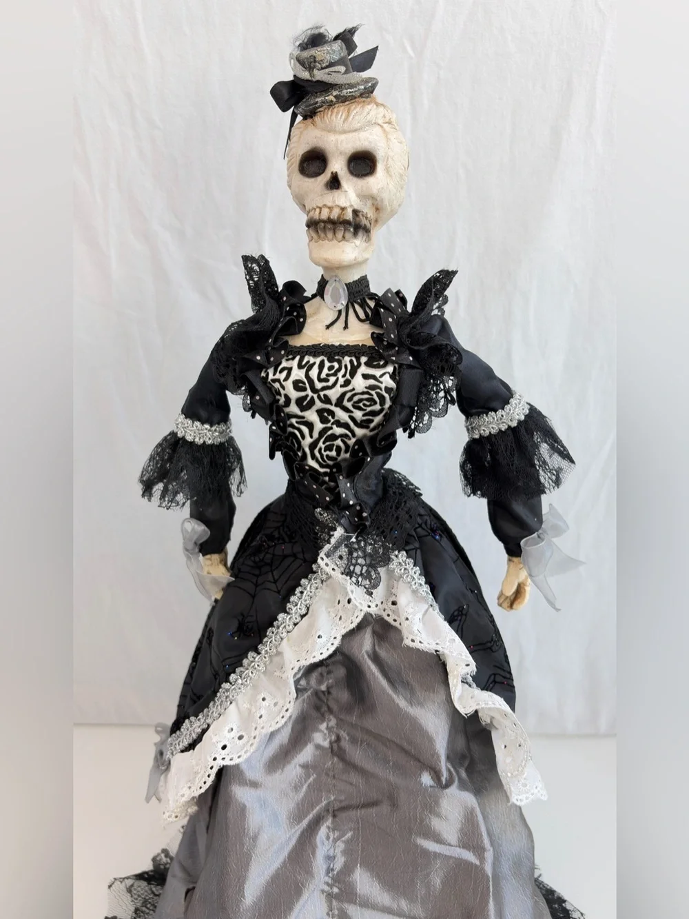 Halloween decor Day of the Dead skeleton doll Black Victorian Dress **Flawed